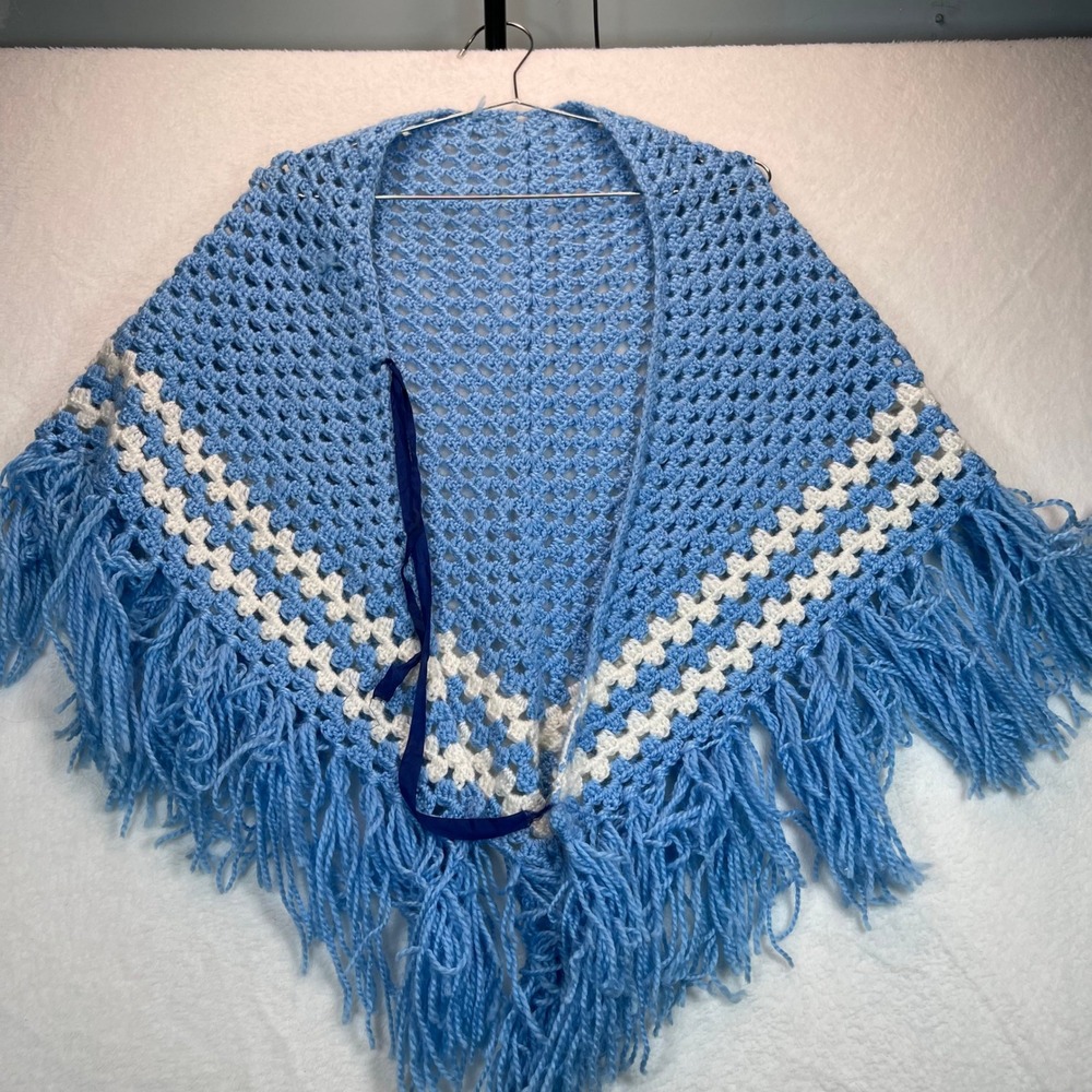 Crochet Shawl Women Blue‎ White Fringe Boho Granny Stitch Cottagecore Handmade